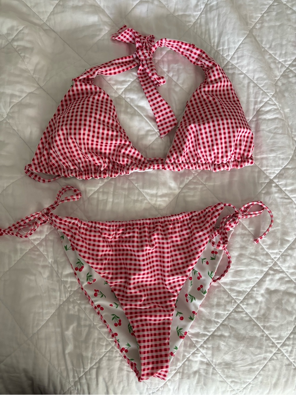 No Boundaries Red Gingham Bikini Set with Reversible Cherry Side